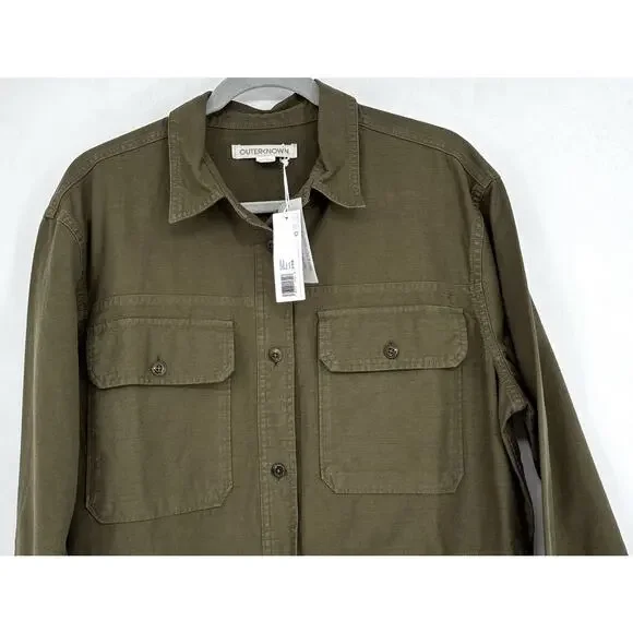 NWT Outerknown Sz L 100% Org Ctn Olive Cinched Adj Waist Btn Plts LS Shirt Dress - Picture 3 of 13